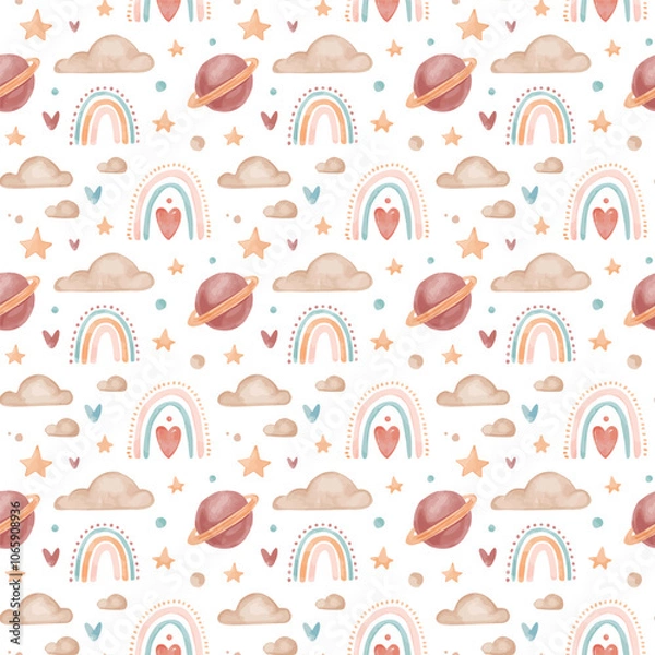 Obraz Vector watercolor childish seamless boho pattern with planet, rainbow and clouds