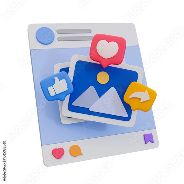 Fototapeta 3D illustration of a social media post with icons for like, love, and share, symbolizing online engagement and interaction on digital platforms.