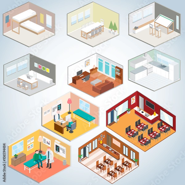 Obraz Isometric interior set, Isometric rooms vector