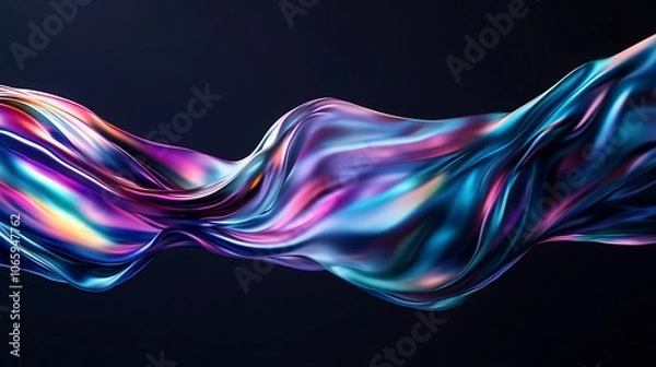 Fototapeta Flowing Metallic glass Waves in Neon Blue and Pink on Dark Background - Abstract Design Concept