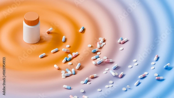 Fototapeta Medical pills on abstract round wave background, 3d render