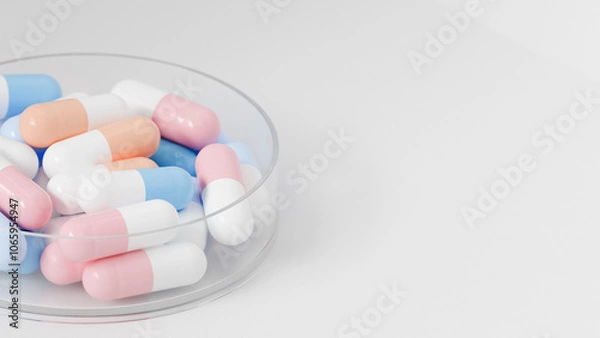 Fototapeta Medical pills in glass container, copy space, 3d render