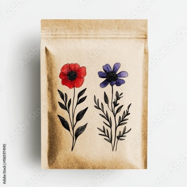 Obraz close up of seed packets with copy space and flowers.