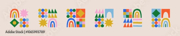 Fototapeta Fun colorful geometric shape set. Abstract retro children style art element for kids, trendy design with geometry mosaic shapes. Simple childish patchwork clip art decoration.