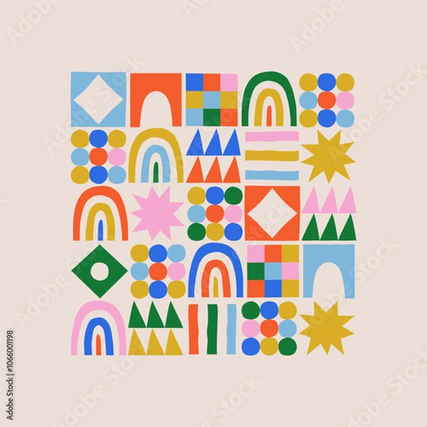 Fototapeta Fun colorful geometric shape set. Abstract retro children style art element for kids, trendy design with geometry mosaic shapes. Simple childish patchwork clip art decoration.