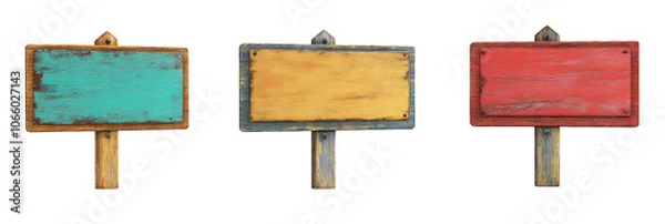Fototapeta Various collection of empty blank colourful signboard poster on a sturdy wooden pole isolated on transparent background