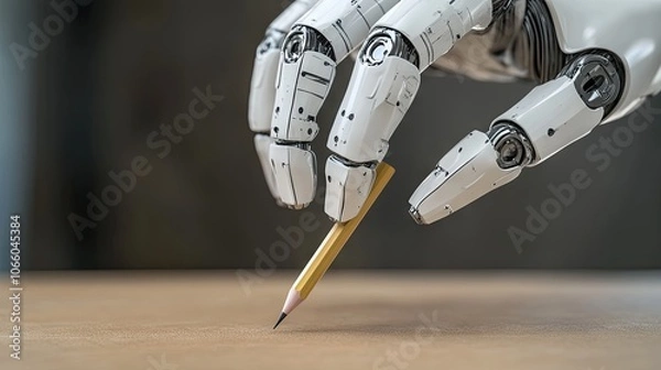 Fototapeta Robot Hand Holding Pencil on Surface