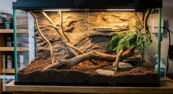 Fototapeta Terrarium setup with branches, soil, and plants for reptiles or amphibians