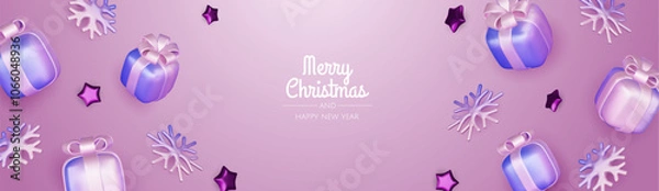 Fototapeta Happy New Year and Merry Christmas 2025. Christmas tree, Gift boxes, Christmas balls. Greeting card. Vector 3d rendering.