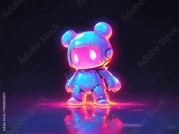 Fototapeta 3d render of a neon colored mouse-like robot in a dark room 