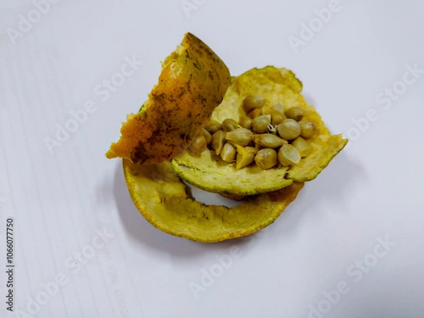 Fototapeta Orange peel and orange seeds isolated on white background