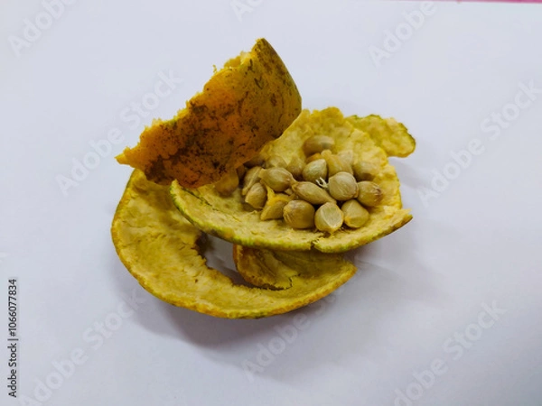Fototapeta Orange peel and orange seeds isolated on white background