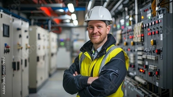 Fototapeta Portrait of a Smiling Electrical Engineer Radiating Pride and Professionalism