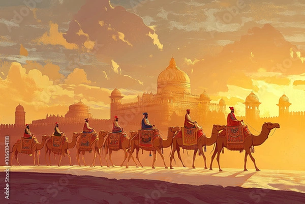 Obraz Traditional Mughal, camel caravan, vector style