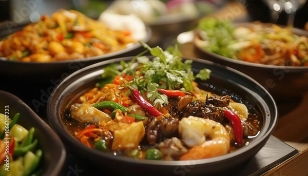 Obraz Ethnic food tasting with vibrant dishes, sleek modern restaurant, soft lighting, dynamic energy, cultural diversity