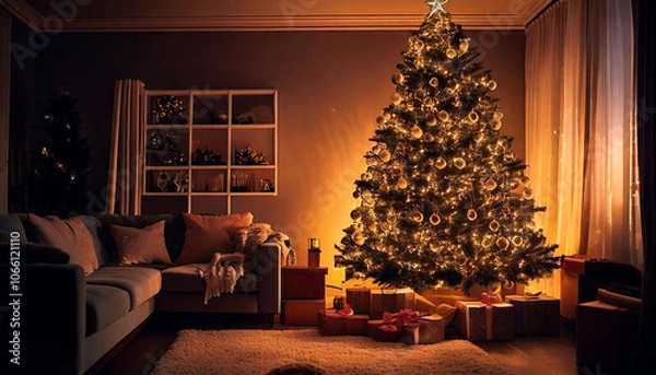 Obraz 크리스마스 트리와 선물로 장식된 따뜻한 느낌의 조명으로 밝힌 거실