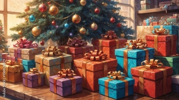 Obraz Christmas Tree Surrounded by Gift Packs