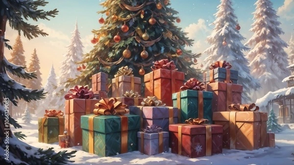 Obraz Christmas Tree Surrounded by Gift Packs