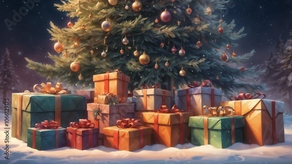 Obraz Christmas Tree Surrounded by Gift Packs