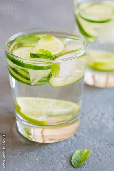 Fototapeta Infused water with cucumber lime and mint in a glass
