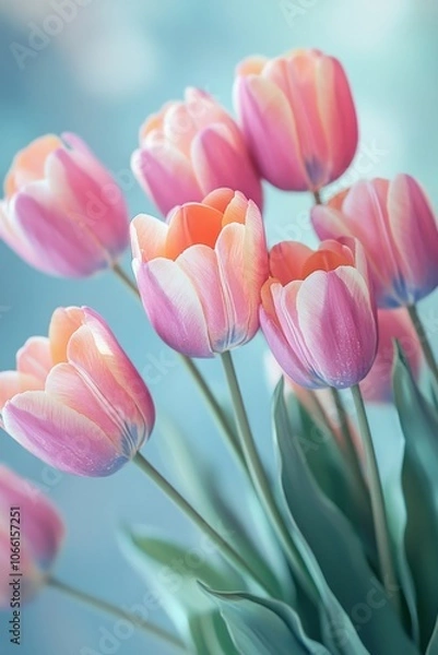 Fototapeta Watercolor tulip bouquets at the corners, soft pastel tones for a spring wedding, 3D illustration