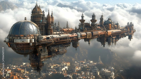 Fototapeta Steampunk City in the Clouds, sky, fantasy, futuristic, architecture, buildings