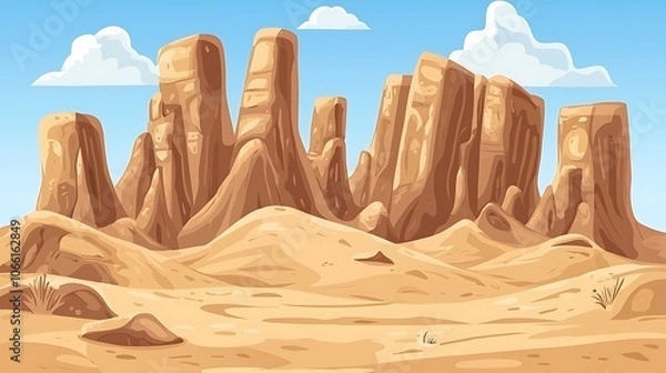 Fototapeta Desert Landscape with Tall Rock Formations and Sand Dunes.