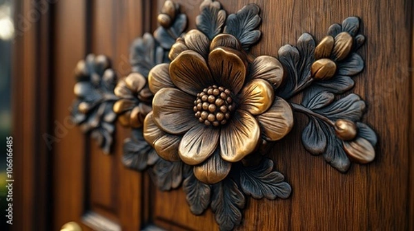 Obraz Close-up view of a wooden door with bronze accents and intricate floral carvings.