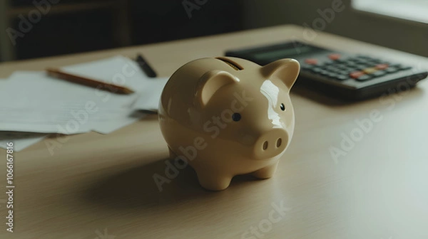 Obraz Piggy Bank on Desk with Calculator and Paperwork, savings, money, finance, budget, financial
