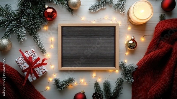 Obraz Holiday letter board with red and gold ornaments, pine branches, gift box, and twinkling string lights on white background