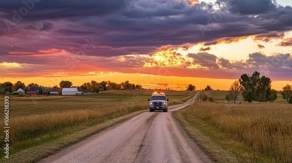 Fototapeta Rural ambulance rushing down a dirt road