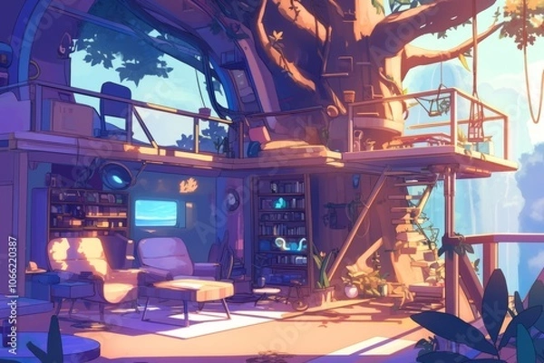 Obraz Treehouse with a small kitchen and a view of the treetops. Cozy vibe, Generative AI