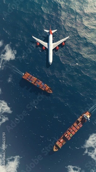 Fototapeta Cargo plane flies over container ship in dynamic maritime scene