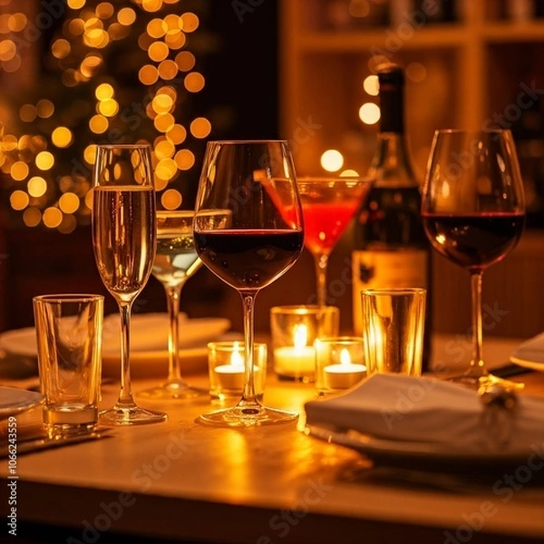 Fototapeta warm romantic candlelit dinner table setting with wine and champagne glasses