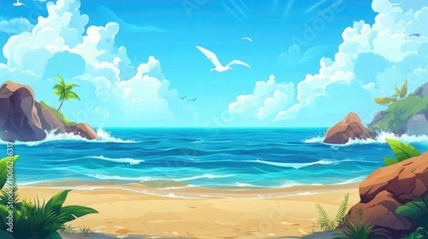 Fototapeta A Vibrant Tropical Beach Landscape with Foamy Waves and Palm Trees