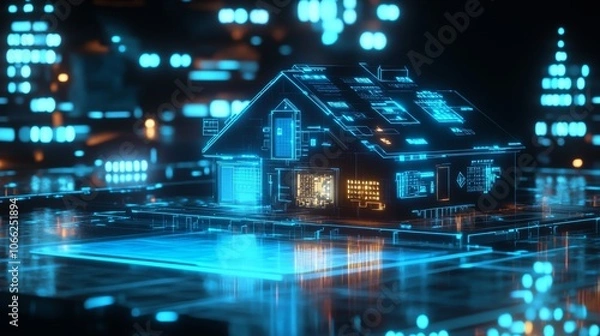 Fototapeta 2410_046.holographic smart home interface, glowing neon blue circuits, floating digital graphs, miniature house model, futuristic touch controls, ambient lighting, technological visualization, modern