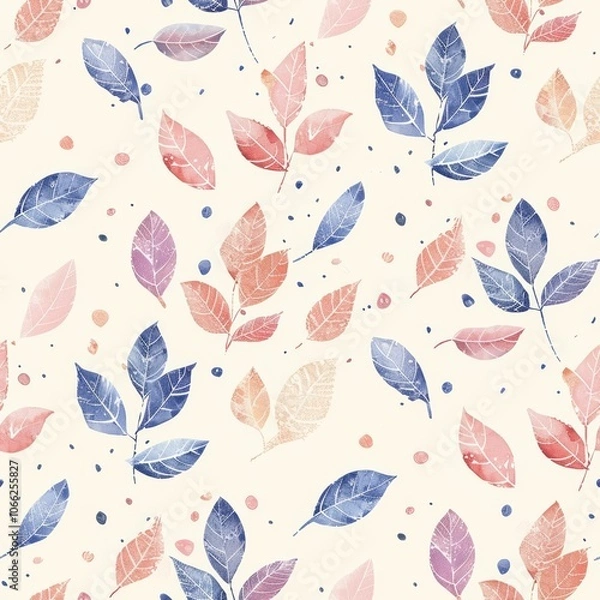 Fototapeta Pastel Peach  Pink  and Blue Leaves Doodle Pattern on Cream Boho Background with Delicate Dots