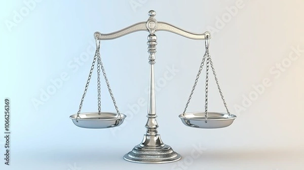 Fototapeta Silver scales of justice on a pale blue background, representing justice and balance with a calm, clear tone.