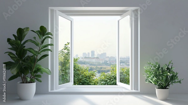 Obraz open window with minimal framing allowing for maximum light entry and overlooking a peaceful garden and cityscape