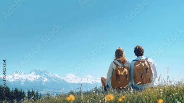 Fototapeta Couple enjoying scenic view together, sitting on grassy hill with backpacks, surrounded by mountains and clear blue sky. Their moment reflects tranquility and connection