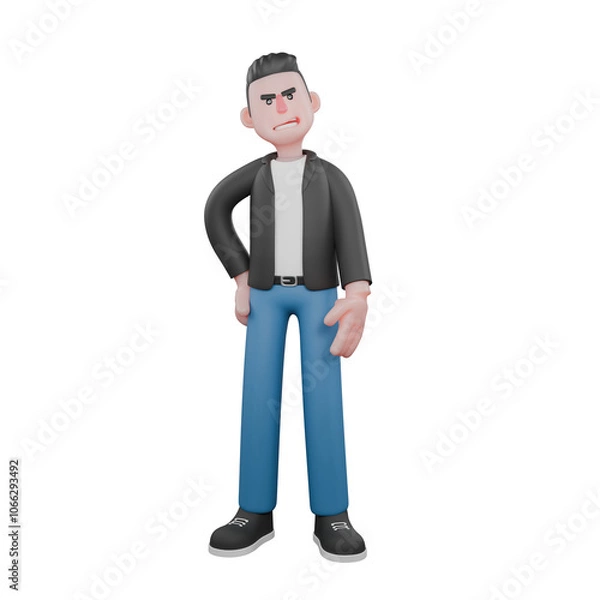 Fototapeta Singing Musician in 3D. A male musician stands with his left hand on his hip with an angry expression. 3D Music Performer