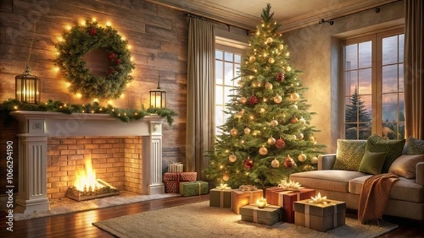 Fototapeta A cozy holiday scene featuring a decorated Christmas tree, a crackling fireplace, presents wrapped in festive paper, and a warm inviting sofa with soft throws