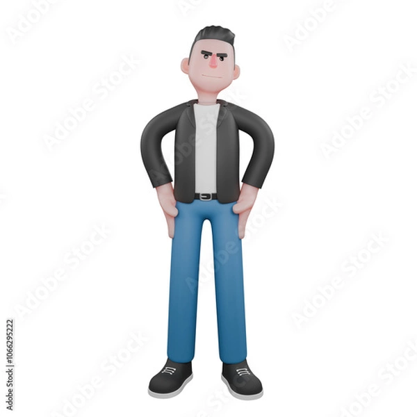 Fototapeta Music Star Character in 3D. A male musician stands with both hands on his hip with a calm expression. Vocalist Design