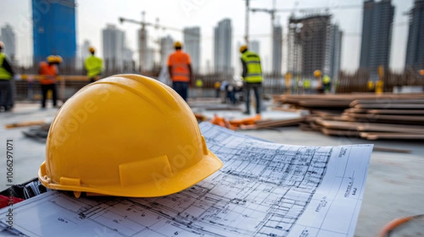 Fototapeta Construction site with yellow hard hat and blueprints in focus, showcasing workers in background. scene conveys sense of teamwork and progress in urban development