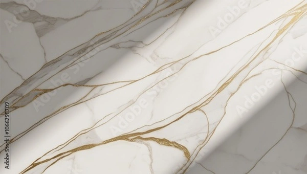 Obraz AI GENERATED Minimalist marble texture background with white and gold veins, soft shadows, and high-resolution details for luxury branding or product presentation