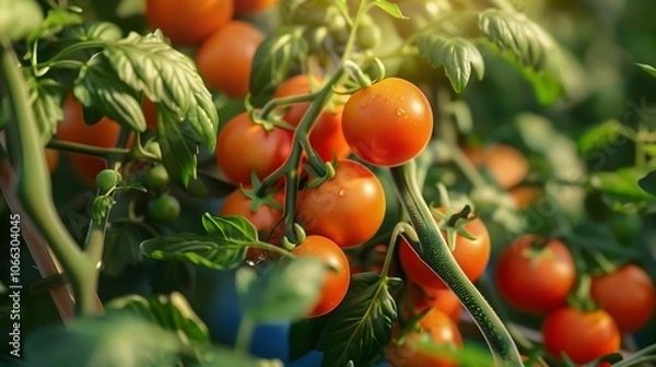 Obraz Cherry tomatoes hanging on the tree are a perfect shot of high quality