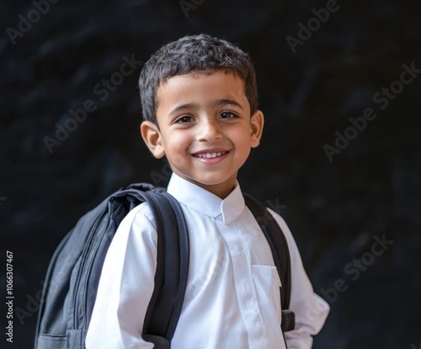 Fototapeta Smiling Saudi Arabian Boy Student Carrying Backpack with Confident Expression