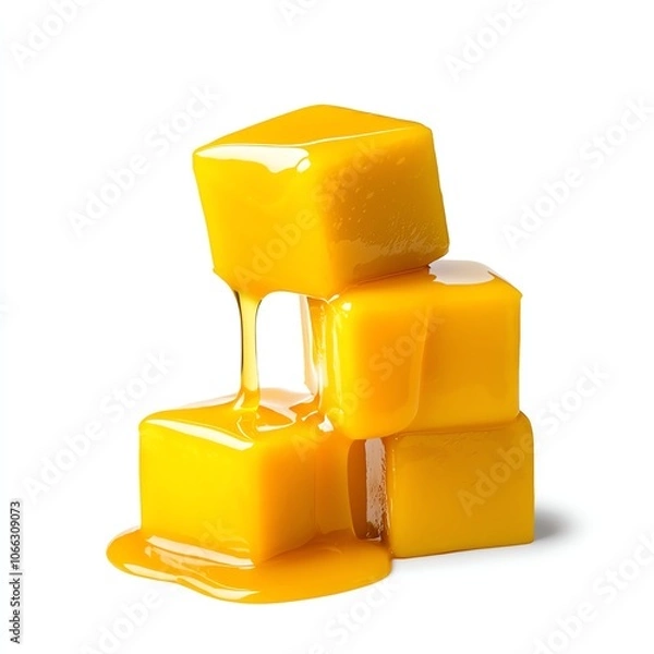 Obraz Vibrant yellow mango jelly cubes melting on a white background, perfect for desserts and culinary presentations.