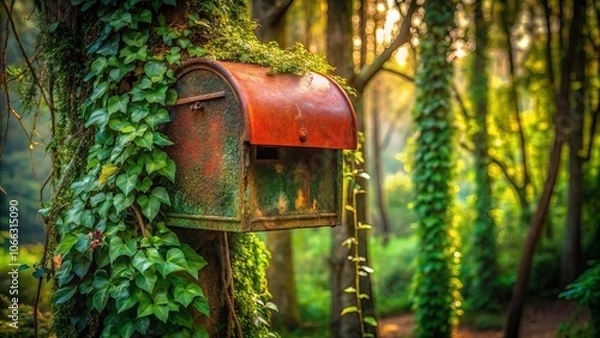 Fototapeta A rusty mailbox mounted on a moss-covered tree trunk, surrounded by a lush canopy of green foliage, bathed in the soft light of a sunlit forest