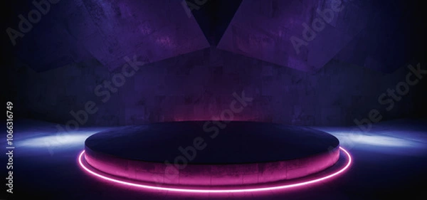 Obraz Alien Grunge Futuristic Cyber Sci Fi Stage Podium Concrete Warehouse Corridor Tunnel Studio Underground Hangar Blue Vibrant Lasers Neon Lights 3D Rendering